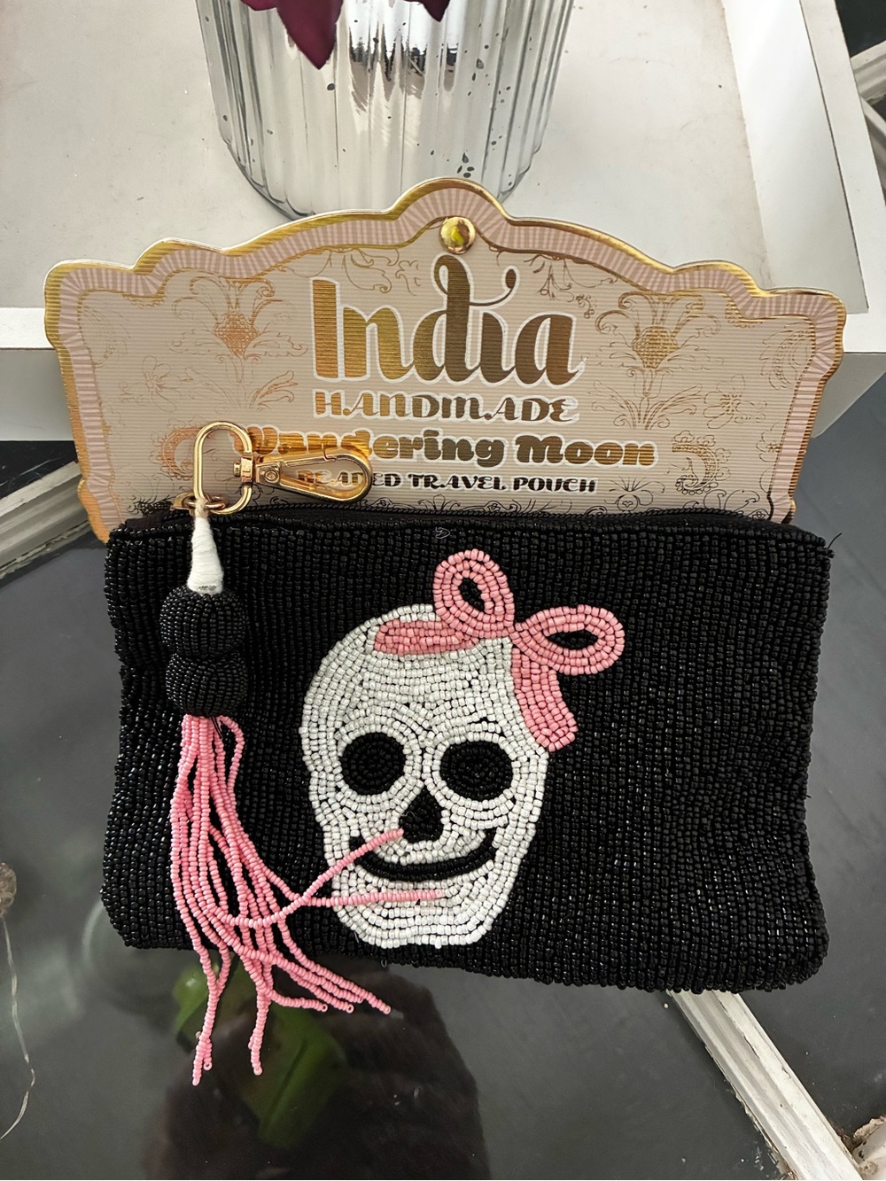 Wandering Moon Black Beaded Skull Pouch with Pink Accent & tassels NWT - Picture 6 of 6